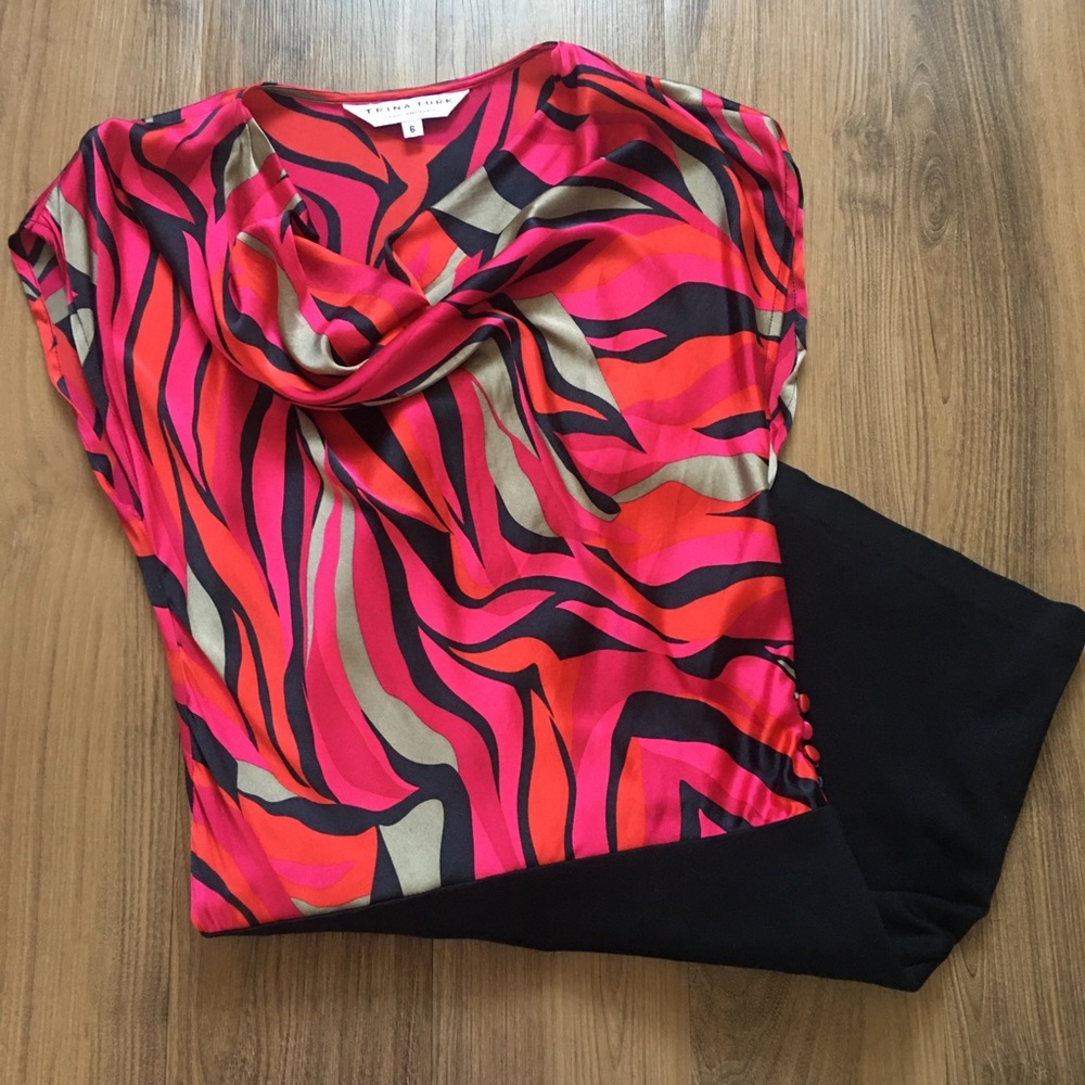 Trina Turk | Vintage Cowl Neck Colorful Silk Cocktail Party Dress - Red, Black